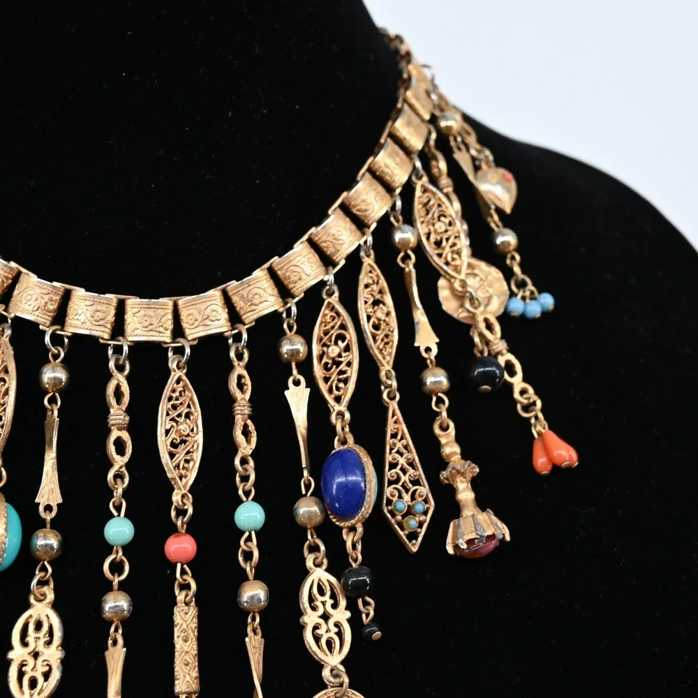 Vintage Gold Tone Victorian Revival Fringe Charm Necklace Lapis Coral Turquoise